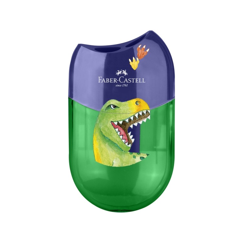 Faber-Castell Dinosaur Temperamatite a 2 fori con tramoggia - Attraente design di dinosauro - Colore verde/blu