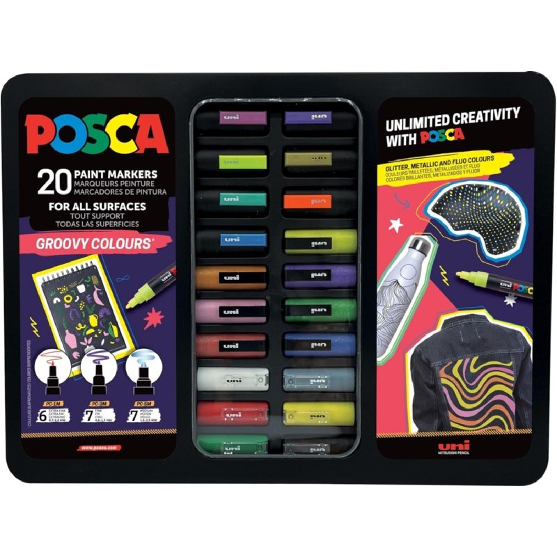Posca Groovy Colours Astuccio in metallo con 20 pennarelli - Colori e tratto assortiti - Punta in poliestere - Inchiostr