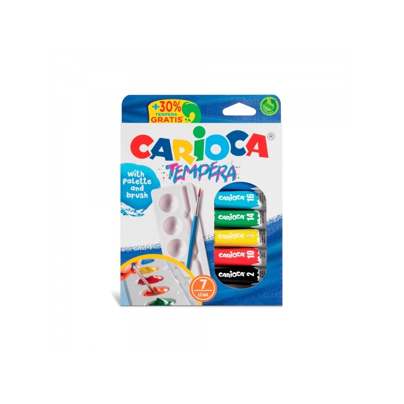 Carioca Confezione da 7 tubetti di tempera 10ml + pennello e tavolozza - Alto potere coprente - Applicabile su materiali