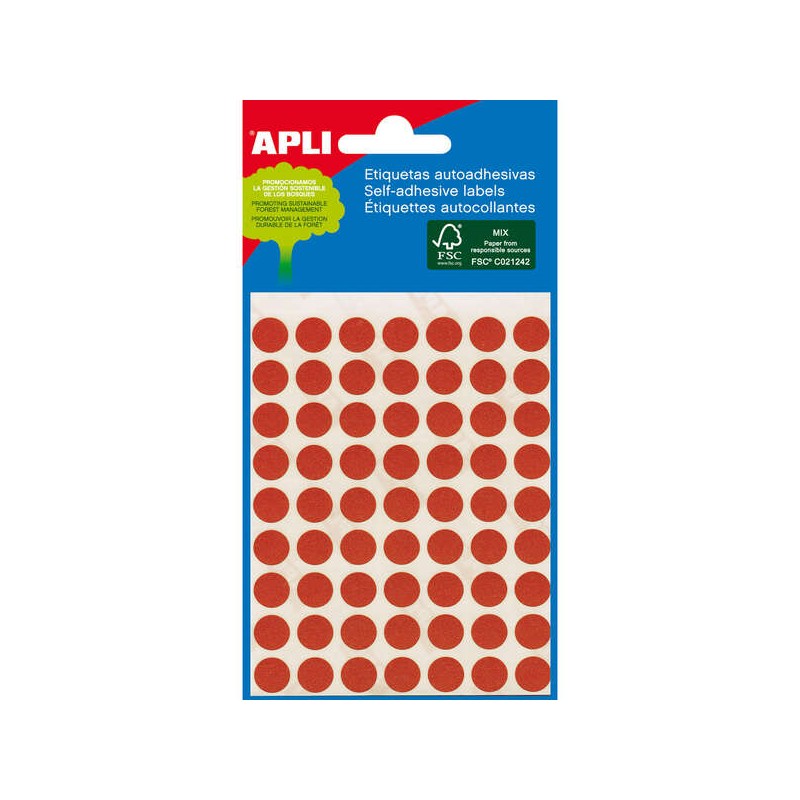 Apli Minibag di 288 etichette rotonde Ø 8 mm - 3 fogli per 96 etichette - Adesivo permanente - Colore rosso