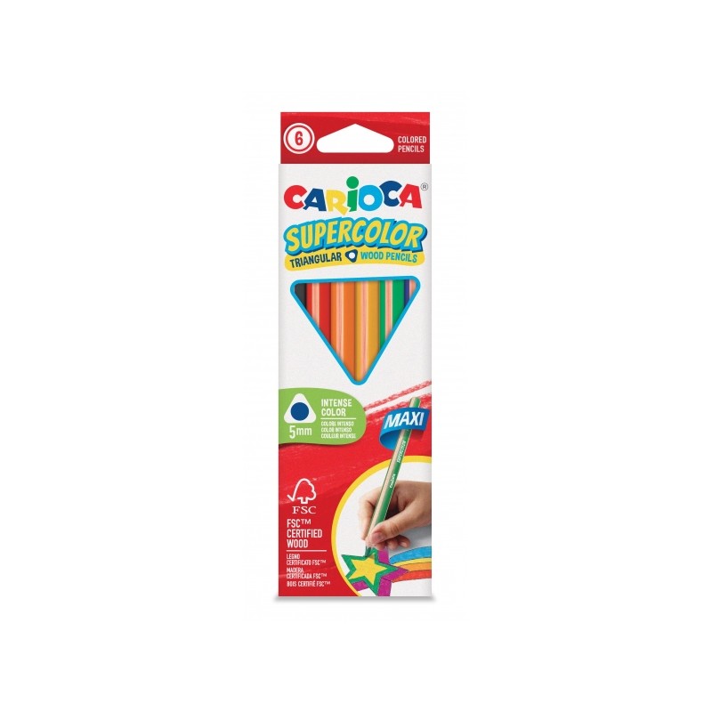 Carioca Supercolor Confezione da 6 matite in legno - Maxi fusto triangolare - Colori intensi e alta opacità - Matita sp