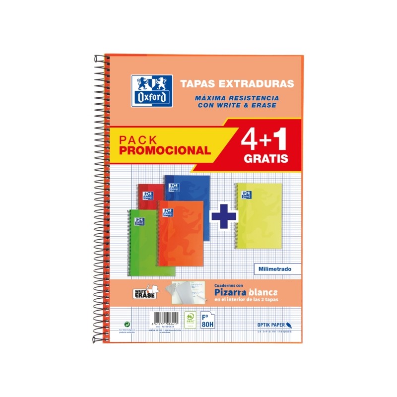 Oxford School Classic WriteeErase Pack 4+1 Fº - Quaderno a spirale - Copertina rigida - Bordato - 80 fogli - Colori ass