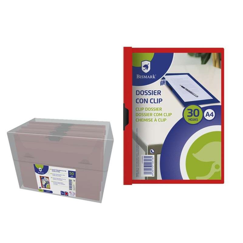 Cartella Bismark per 30 fogli A4 con clip laterale in metallo - Polipropilene trasparente - Colore rosso