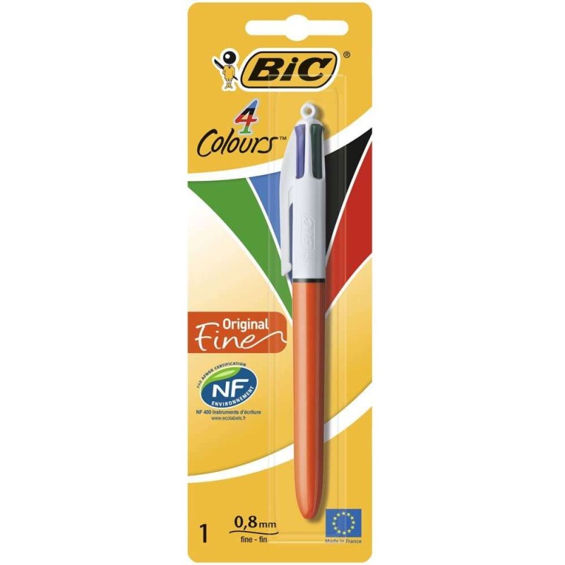 Penna a sfera retrattile Bic 4 Colours Original Fine - Punta fine 0.8 mm - Inchiostro a base d'olio - Fusto rosso/bianco
