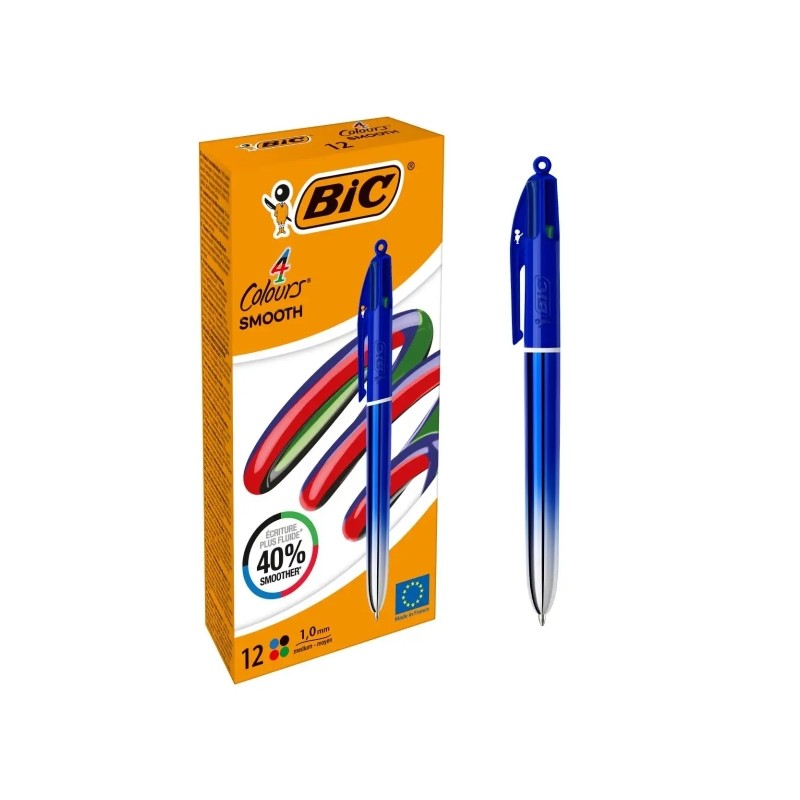 Bic 4 Colours Smooth Gradient Blue Penna a sfera retraibile - Punta media 1.0 mm - Scrittura più scorrevole del 40% - 4