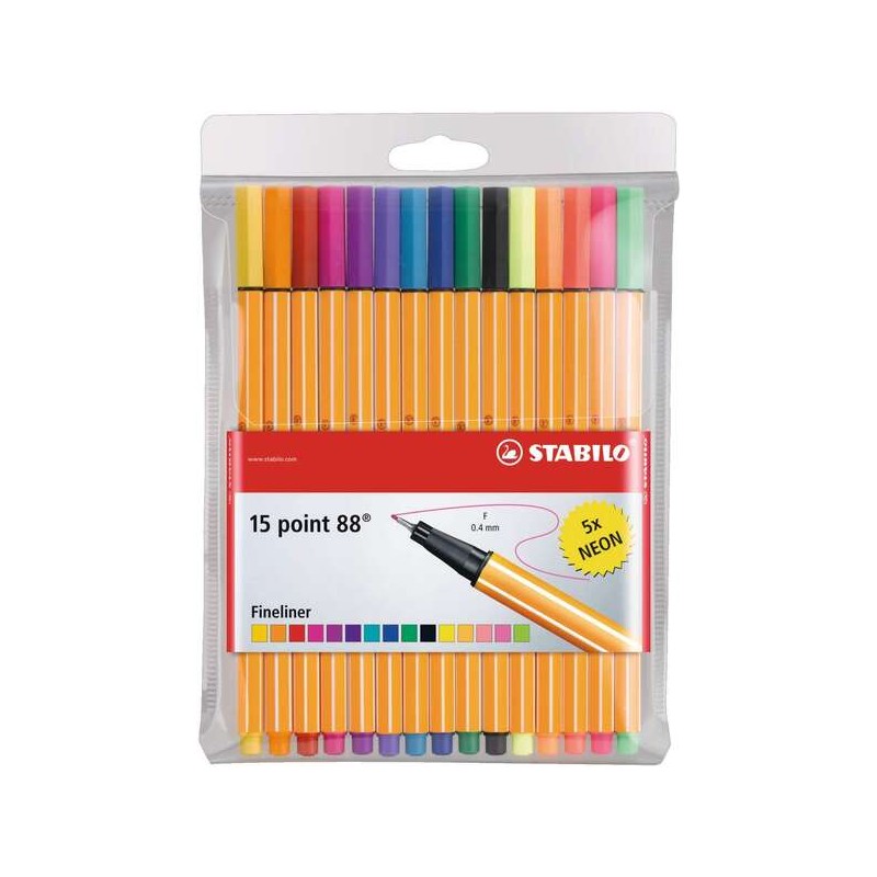 Stabilo Point 88 Confezione da 15 pennarelli a fibra fine - tratto 0.4 mm - inchiostro a base d'acqua - 10 colori assort