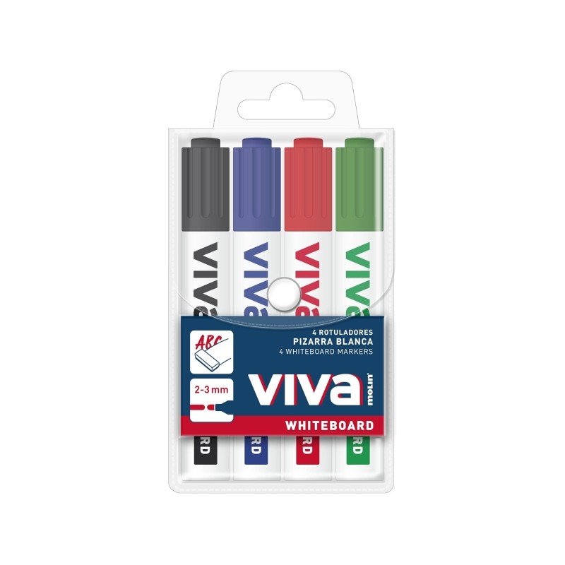 Molin Viva Confezione da 4 pennarelli per lavagne bianche - Punta tonda in fibra sintetica - Linea 3 mm - Inchiostro a b