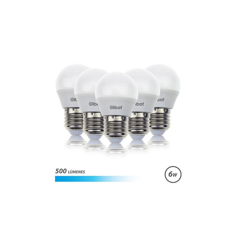 Elbat Confezione 5 lampadine LED G45 - 6W - 500Lm - E27 - Luce fredda - Colore bianco