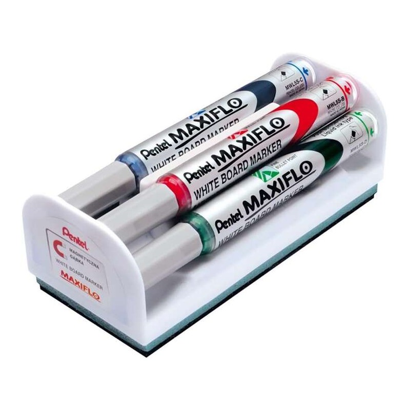 Pentel Maxiflo Confezione da 4 pennarelli per lavagna bianca + gomma magnetica - Punta a proiettile - Larghezza linea 2 