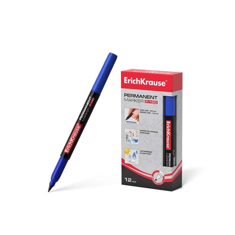 Erichkrause P-100 Marcatore permanente - Punta fine - Linea da 0.5 a 1.2 mm - Resistente all'acqua e ai raggi UV - Color
