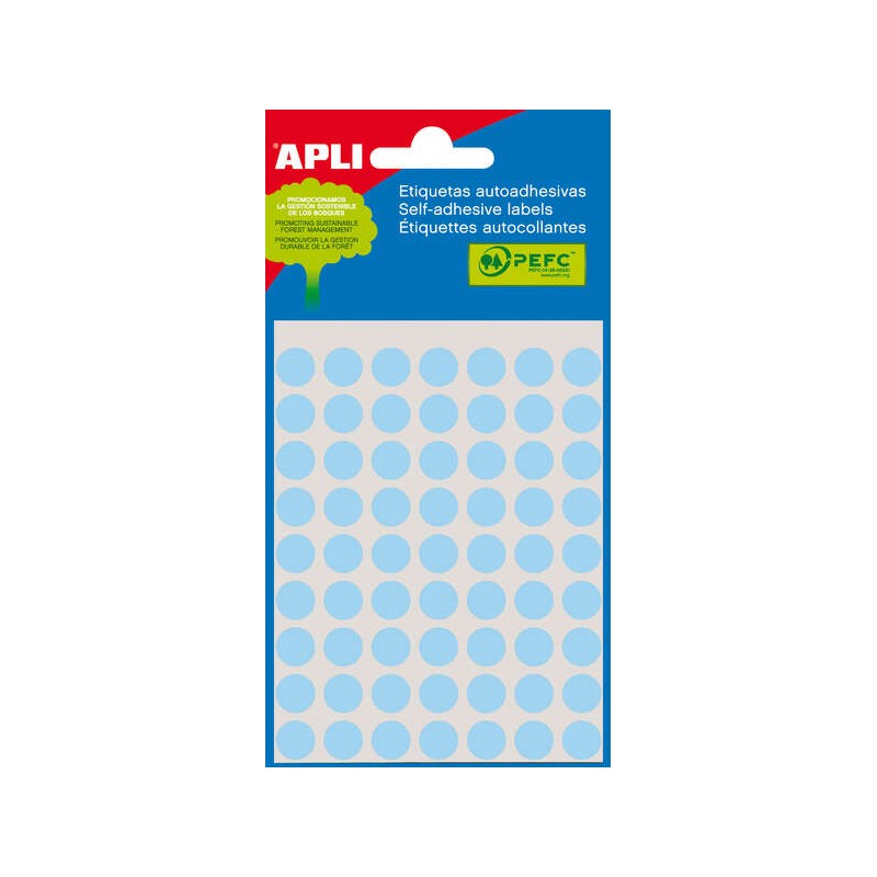 Mini sacchetto Apli di 315 etichette rotonde Ø 10 mm - 5 fogli per 63 etichette - Adesivo permanente - Colore blu