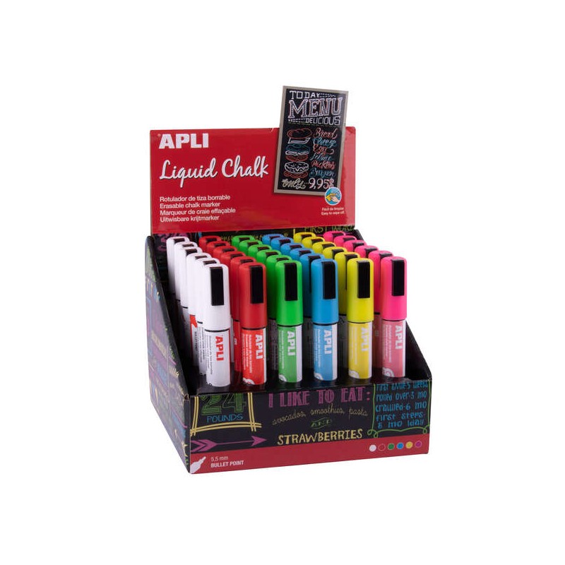 Pennarelli a gesso liquido Apli - Punta tonda da 5.5 mm - Colori assortiti per lavagne bianche. plastica. finestre e alt