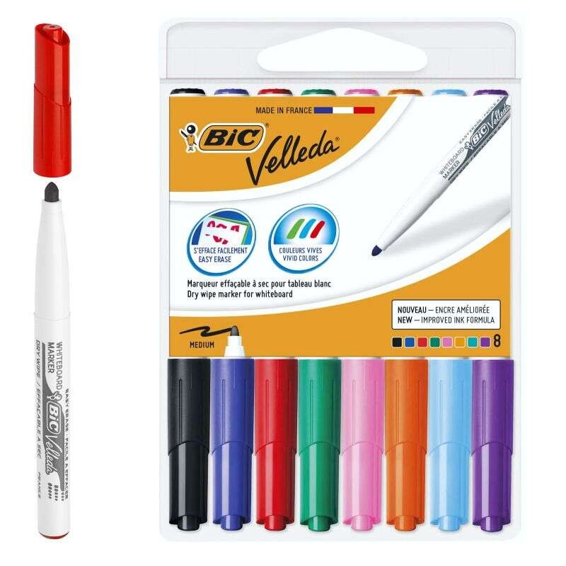 Bic Velleda 1741 Confezione da 8 pennarelli per lavagne bianche - Punta media - Linea 1.4 mm - Cancellabilità ottimale 