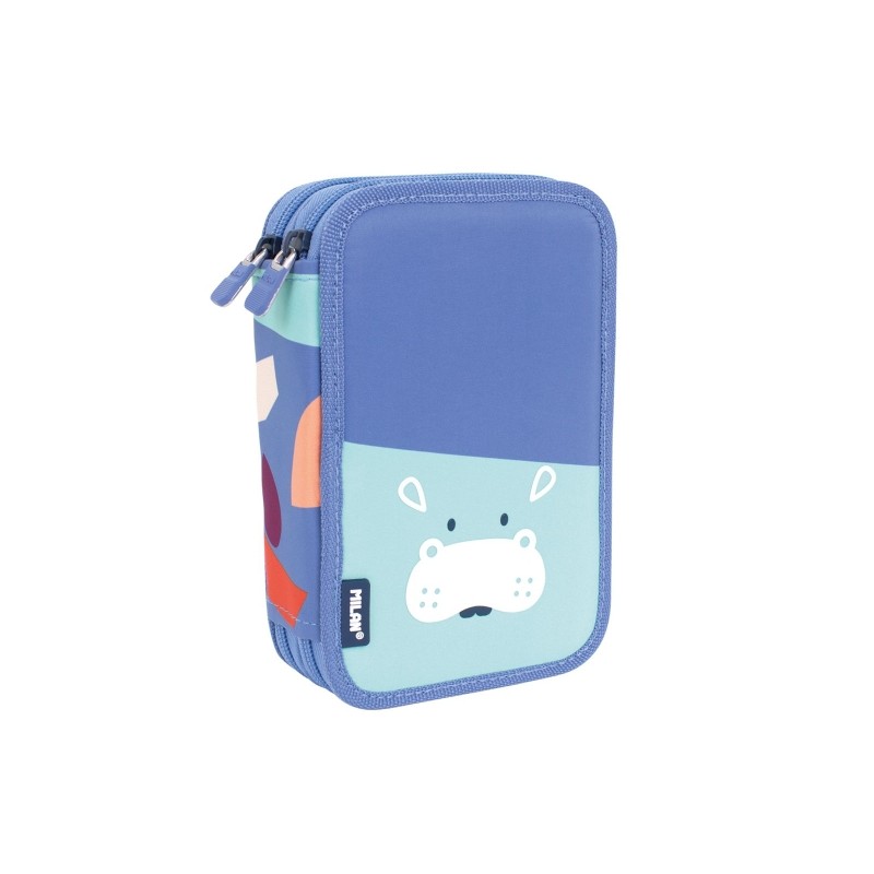 Milan Fun Animals Astuccio a 2 piani con 2 gomme. temperamatite. matita. penna a capsula. righello. 12 matite colorate e