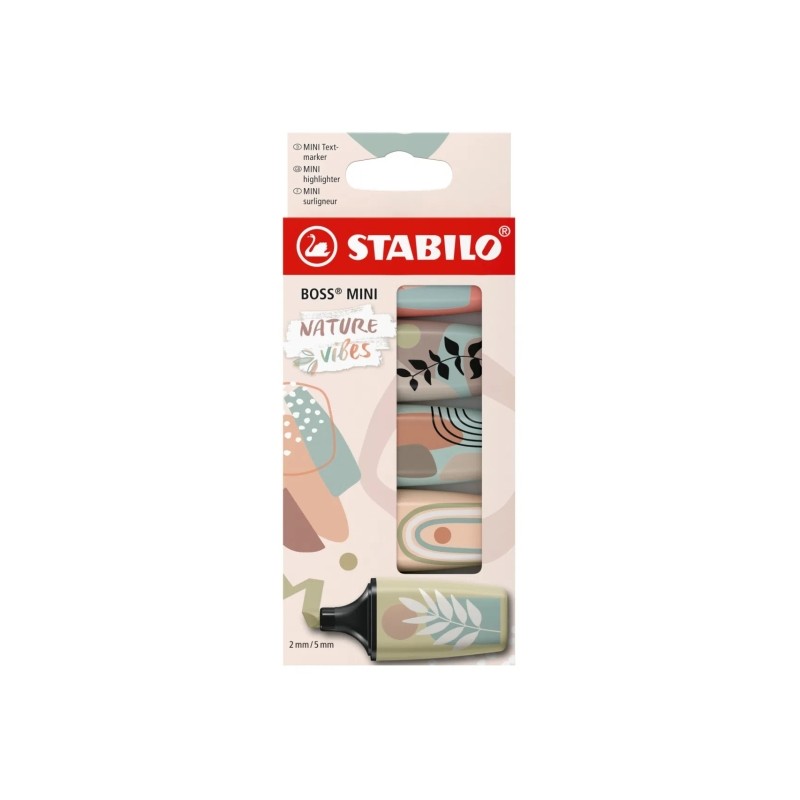 Stabilo Boss Mini Naturevibes Confezione da 5 evidenziatori - Linea da 2 a 5 mm - Inchiostro a base d'acqua - Anti-secco