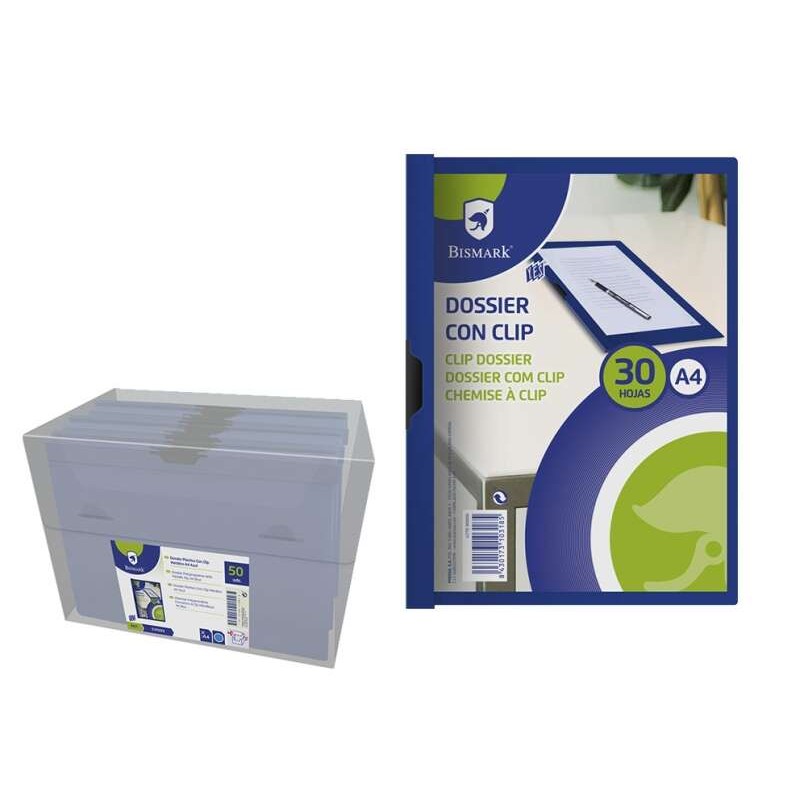 Cartella Bismark per 30 fogli A4 con clip laterale in metallo - Polipropilene trasparente - Colore blu