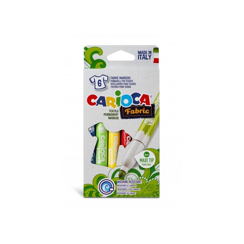 Carioca Fabric Confezione da 6 pennarelli per tessuti - Punta maxi Ø 6 mm - Inchiostro speciale per tessuti - Colori in