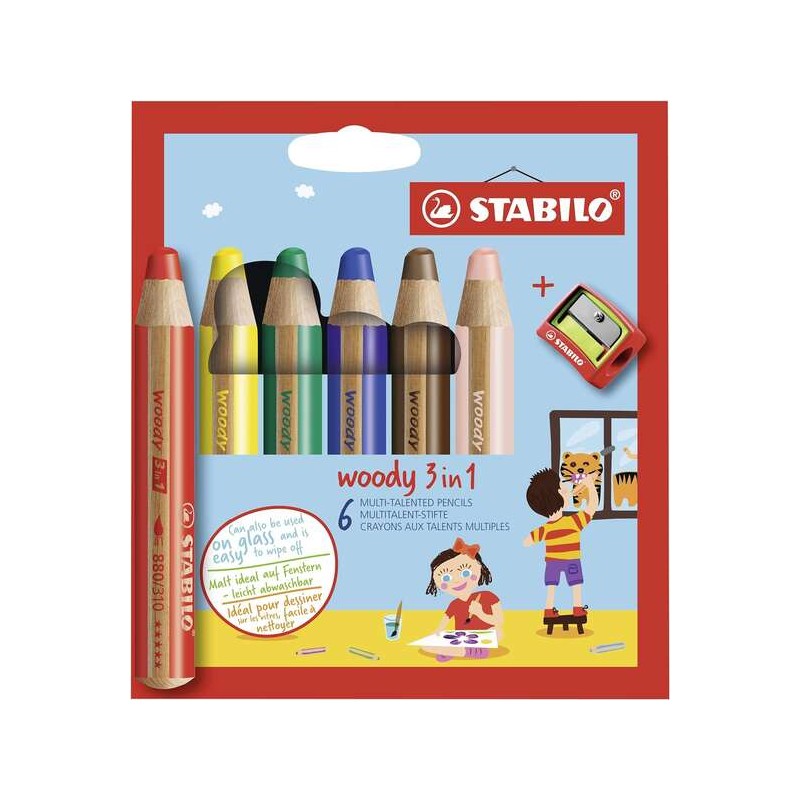 Stabilo Woody 3 in 1 confezione da 6 matite colorate + temperamatite - Matita colorata. matita a cera e acquerello. tutt