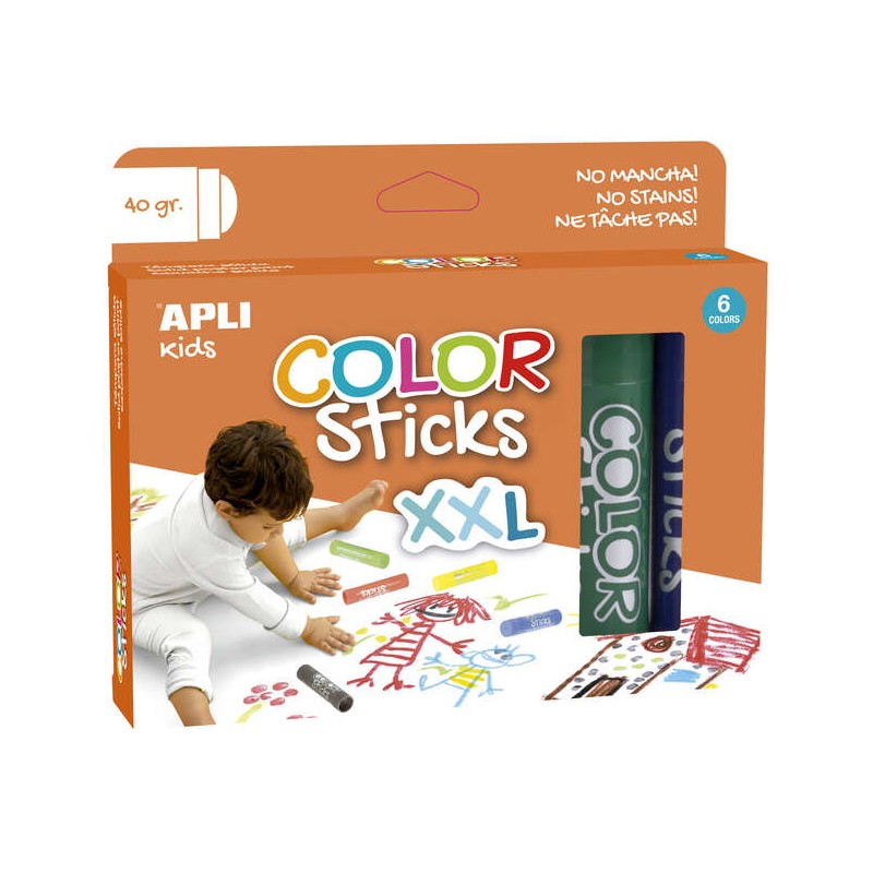 Apli Color Sticks xxl Tempera Solida - Confezione 6 unità da 40 g - Dimensione xxl per murales - Finitura satinata senz