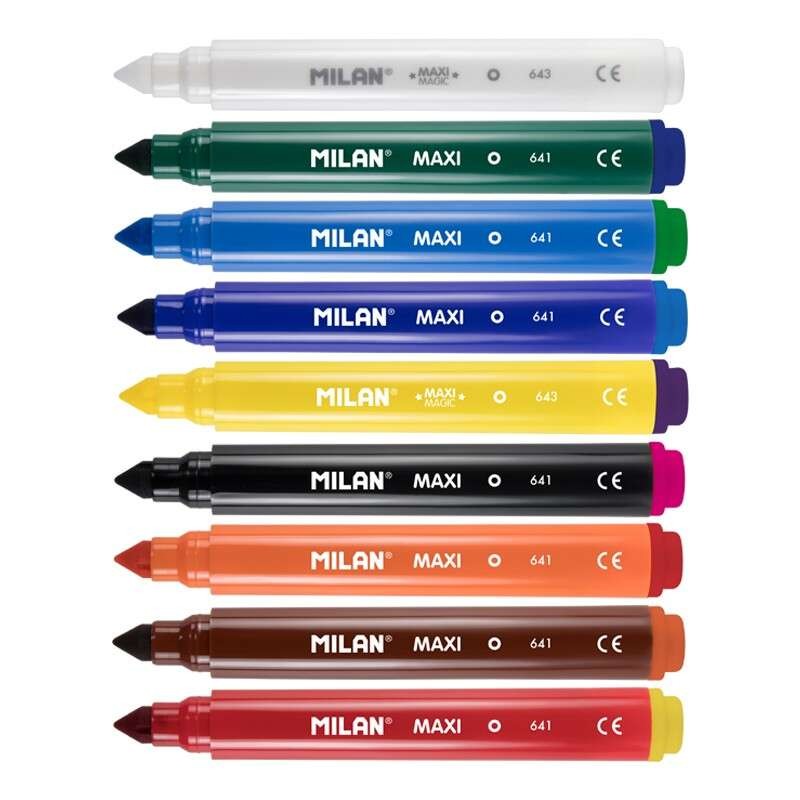 Milan Maxi Magic Confezione da 8 pennarelli colorati + 2 pennarelli magici - Punta conica 7.5 mm - Inchiostro a base d'a