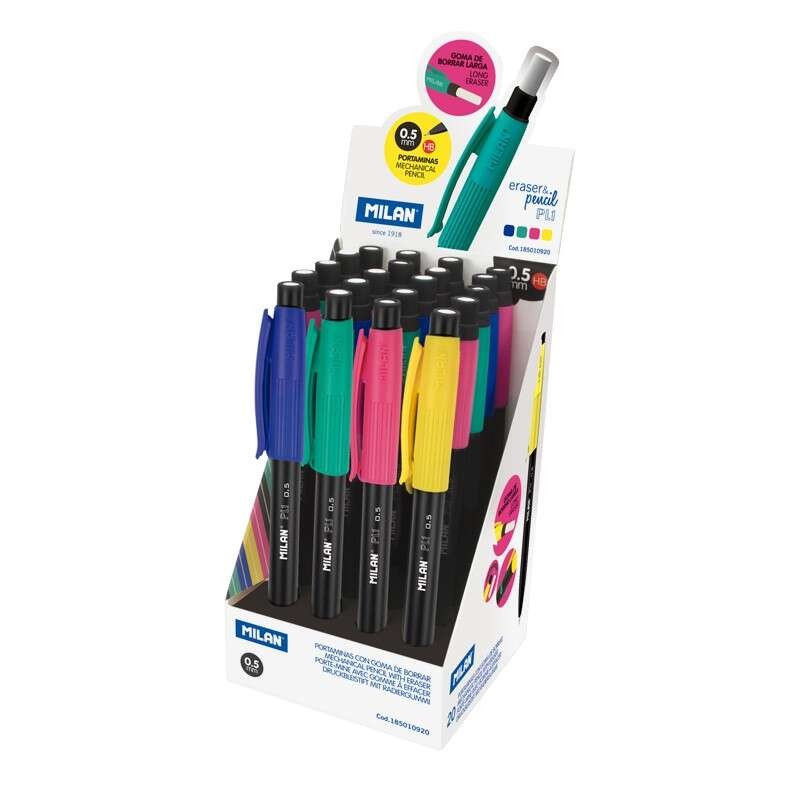 Milan PL1 Espositore da 20 matite meccaniche - mina 0.5 mm HB Grafite - Gomma Milan Extra Lunga - Colori assortiti