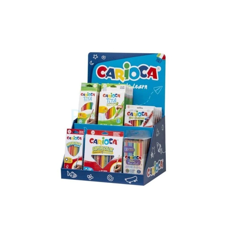 L'espositore di matite colorate Carioca include 12 Tita Box 12pz. 12 Tita Triangular Box 24pz. 4 Maxi Pastelli a Cera 24
