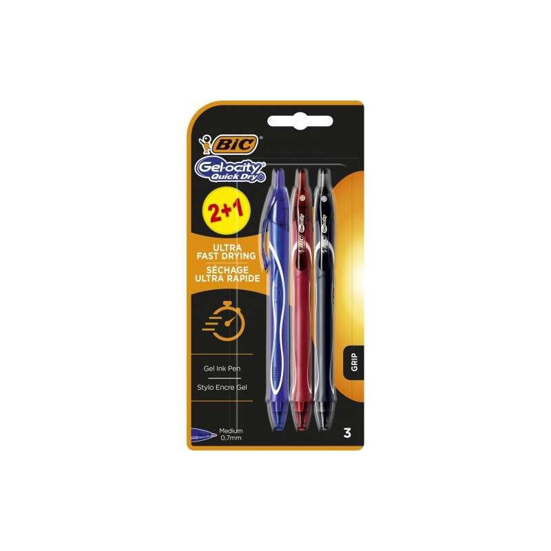 Bic Gel-Ocity Quick Dry 2+1 Confezione da 3 penne a sfera retraibili - Impugnatura in gomma - Punta media da 0.7 mm - As