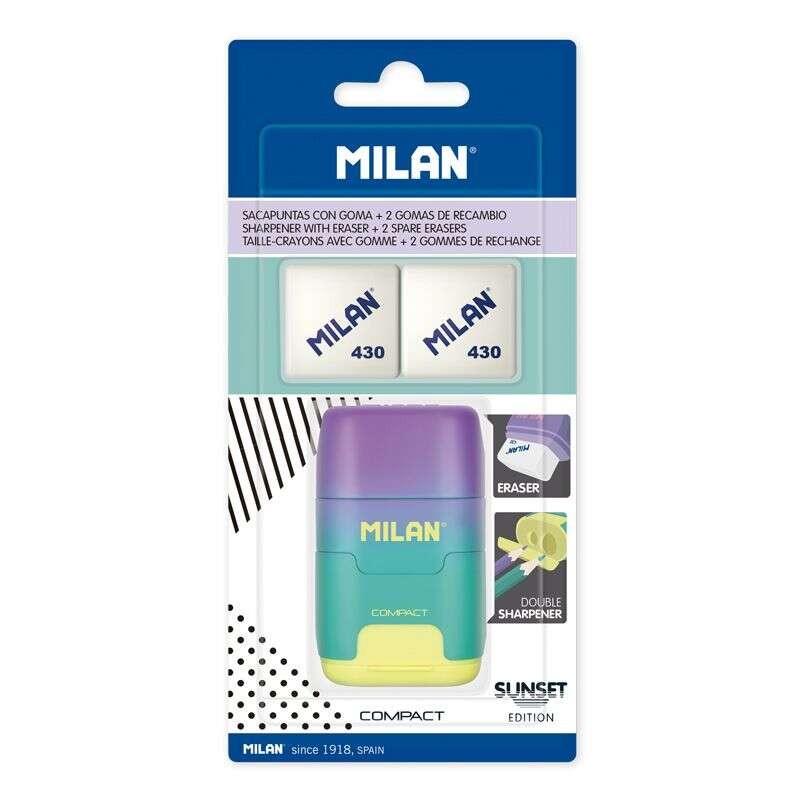 Milan Compact Sunset Afilaborra Compatto con 2 gomme - Doppio temperamatite - Lama di sicurezza - Turchese/Viola/Giallo