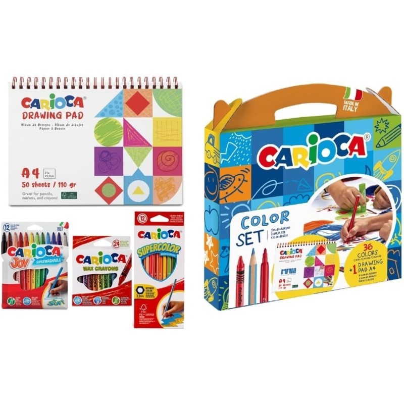Set di colori Carioca con 12 pastelli. 12 pennarelli e 12 matite colorate + blocco da disegno A4 - Colori assortiti