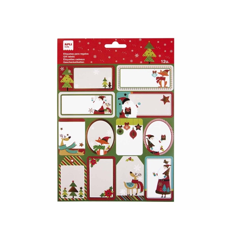 Apli Confezione da 12 adesivi per regali di Natale - Dimensioni e disegni assortiti - Spazio di scrittura