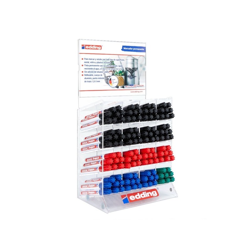 Edding 3000 Display con 128 marcatori permanenti - Rotondi da 1.5 mm - da 1.5 a 3 mm - Ricaricabili - Asciugatura rapida