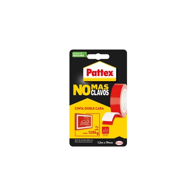 Nastro biadesivo Pattex No More Nails 19 mm x 1.5 m - Fissaggio rapido e pulito - Per oggetti lisci all'interno e all'es