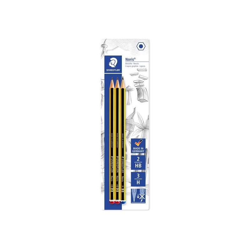 Staedtler Noris 120 Confezione da 3 matite di grafite esagonali - Gradazioni assortite - Resistente agli urti - Legno fo