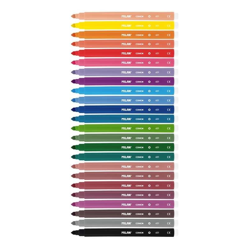Milan Confezione da 24 pennarelli - Punta conica 5mm - Inchiostro a base d'acqua - Lavabile - Colori assortiti