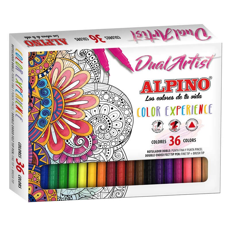 Alpino Dual Artist Colour Experience Confezione da 36 penne a punta in fibra - Doppia punta (0.7 mm fine e 2.9 mm a penn