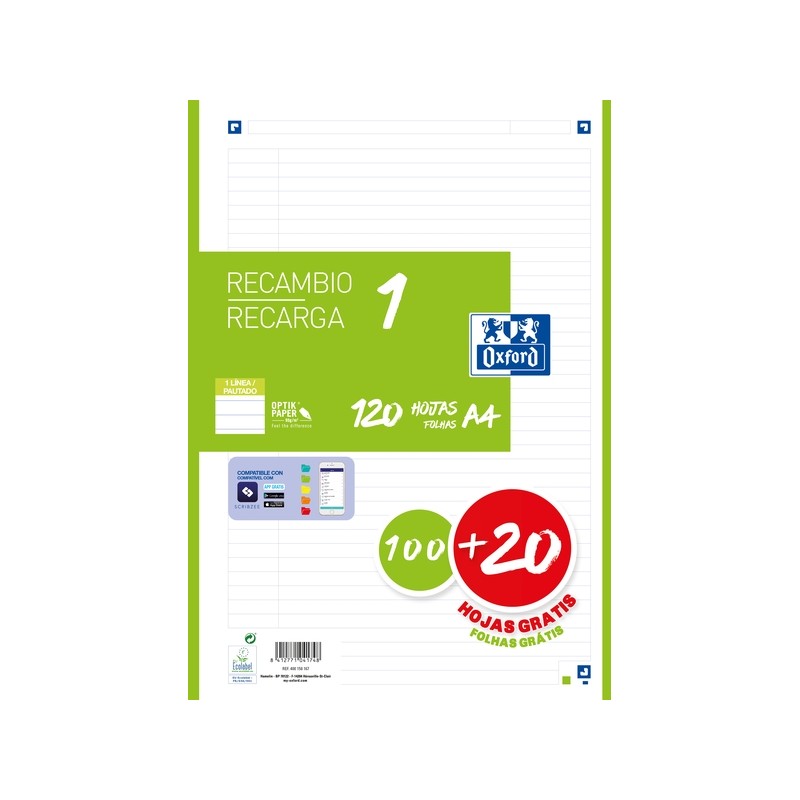 Oxford School Refill A4 120 fogli 1 riga - 4 fori - striscia verde