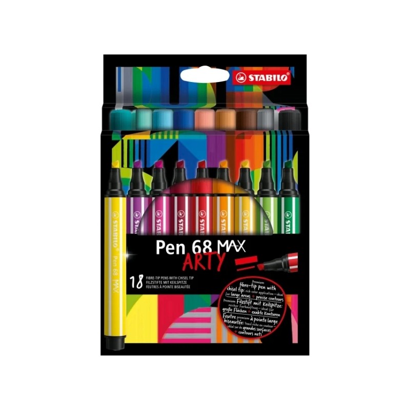 Stabilo Pen 68 MAX Arty Confezione da 18 penne - Punta in fibra smussata - Larghezza del tratto circa 1-5 mm - Inchiostr