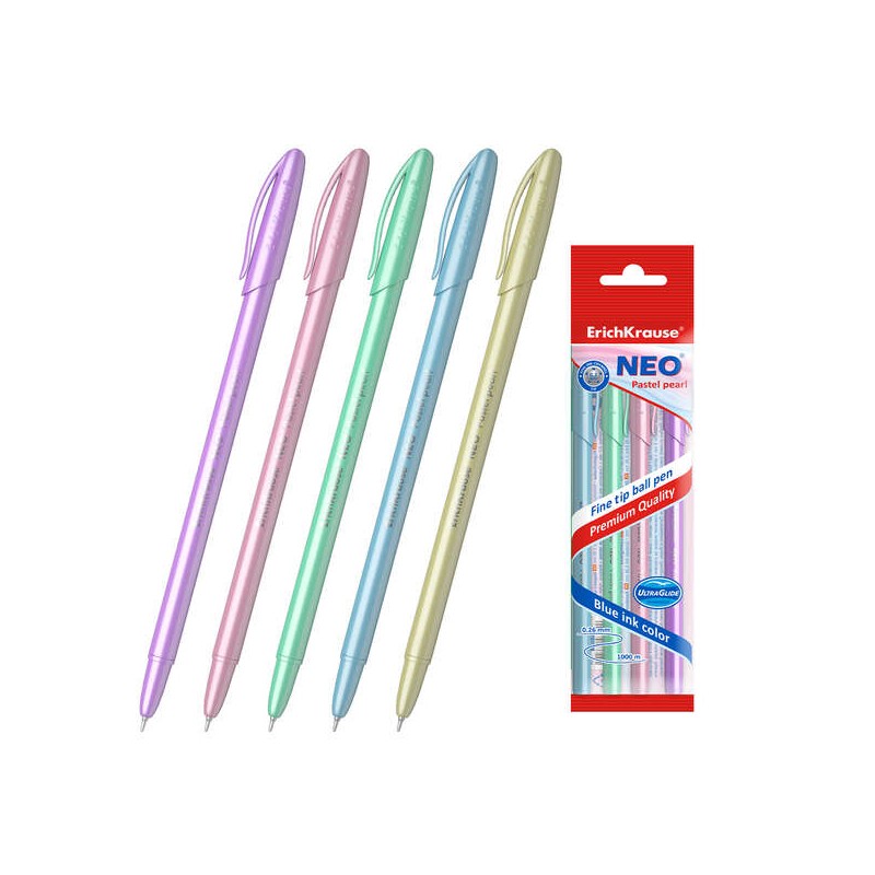 Erichkrause Confezione da 5 penne a sfera Neo Pastel Pearl - Penna ad ago sofisticata - Inchiostro a bassa viscosità - 