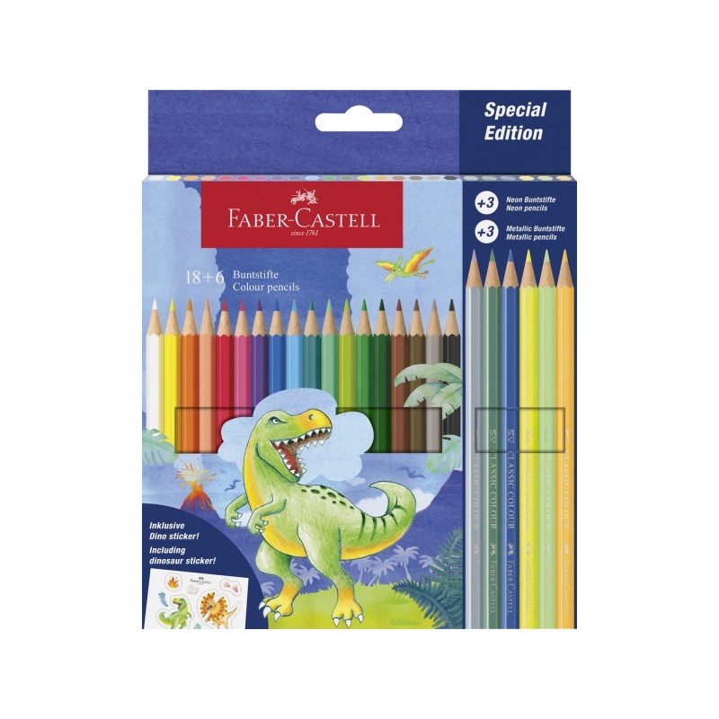 Faber-Castell Dinosaur Edition Confezione da 24 matite colorate esagonali - 18 colori classici + 3 colori neon + 3 color