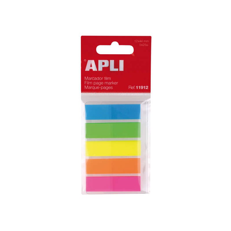 Apli Indici in pellicola adesiva 45x12 mm 5 colori fluorescenti - 25 indici per colore - Facili da attaccare e staccare 