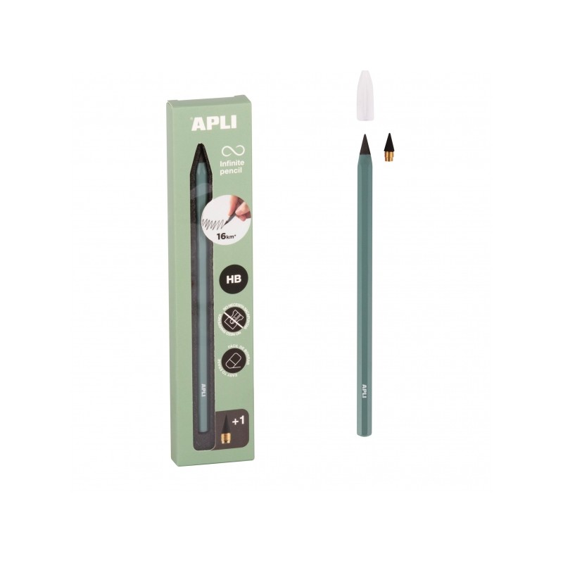 Apli Infinite Pencil Pack Infinite Pencil HB + mina di ricarica + cappuccio protettivo - Per scrivere fino a 16 km - Col
