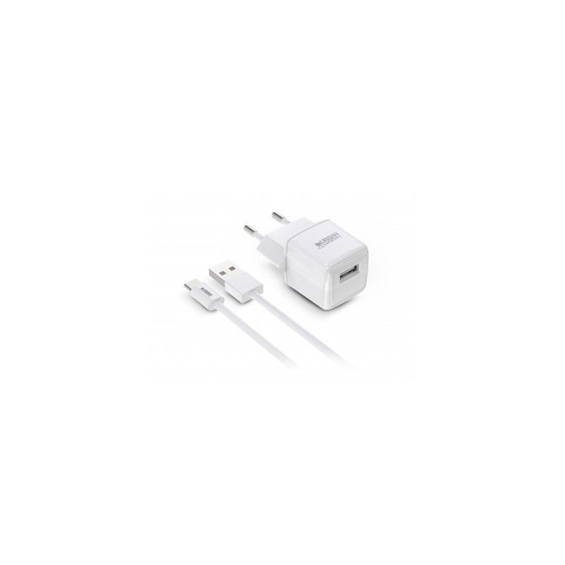 Urban Factory Powee Caricabatterie da parete USB-A 2.4A/12W - Cavo da USB-A a USB-C da 1 m - Bianco