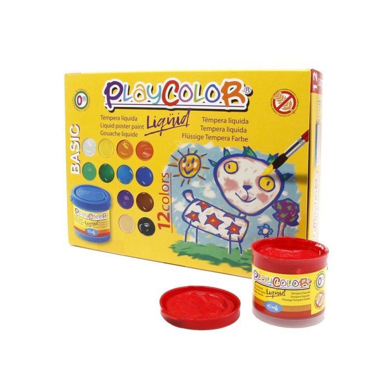 PlayColor Basic Liquid Confezione da 12 Tempera 40ml - Senza ondulazioni della carta - Alta viscosità - Alta opacità -