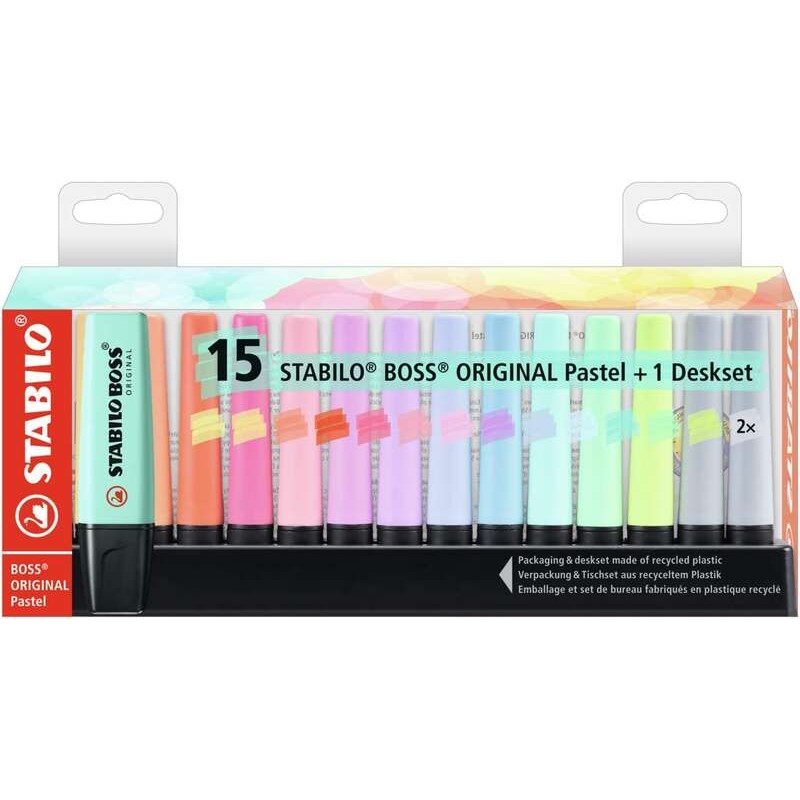 Stabilo Boss 70 Desk Confezione da 15 pennarelli fluorescenti - Comodo supporto da scrivania - Da 2 a 5 mm - Ricaricabil