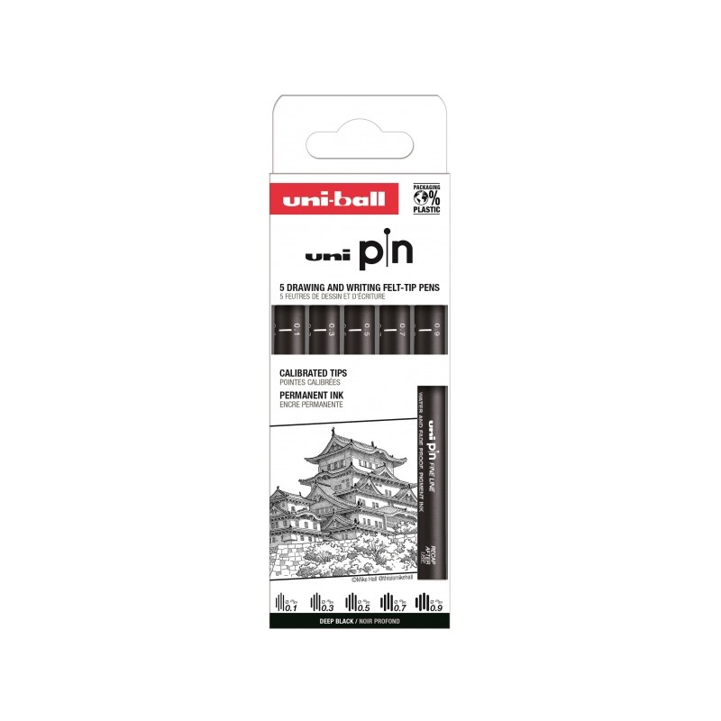 Uni-ball Uni Pin Classic I Confezione da 5 penne calibrate 0.1. 0.3. 0.5. 0.7 e 0.9 - Punta in poliacetale - Inchiostro 