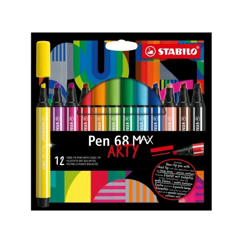 Stabilo Pen 68 MAX Arty Confezione da 12 penne - Punta in fibra smussata - Larghezza del tratto circa 1-5 mm - Inchiostr