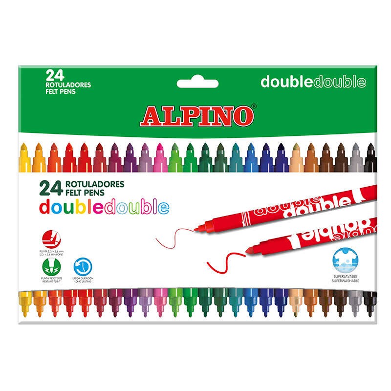 Alpino Confezione da 24 pennarelli a doppia punta - Scatola 20+4 - Dipingi spesso o sottile con un solo pennarello - Sup