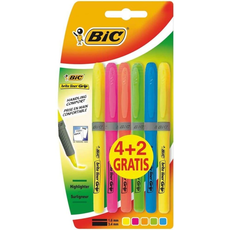 Bic Brit Liner Grip 4+2 Confezione da 6 evidenziatori - Inchiostro a base d'acqua - Punta smussata - Tratto tra 1.60 e 3