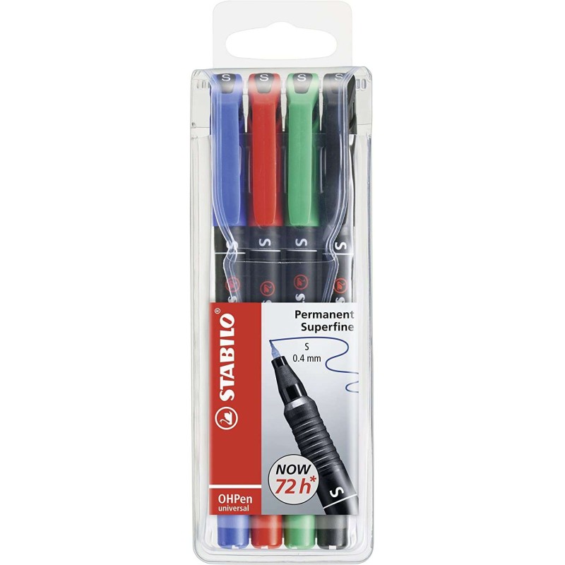 Stabilo OHPen Confezione da 4 pennarelli permanenti - Punta superfine - Linea 0.4 mm - Impugnatura antiscivolo - Cappucc