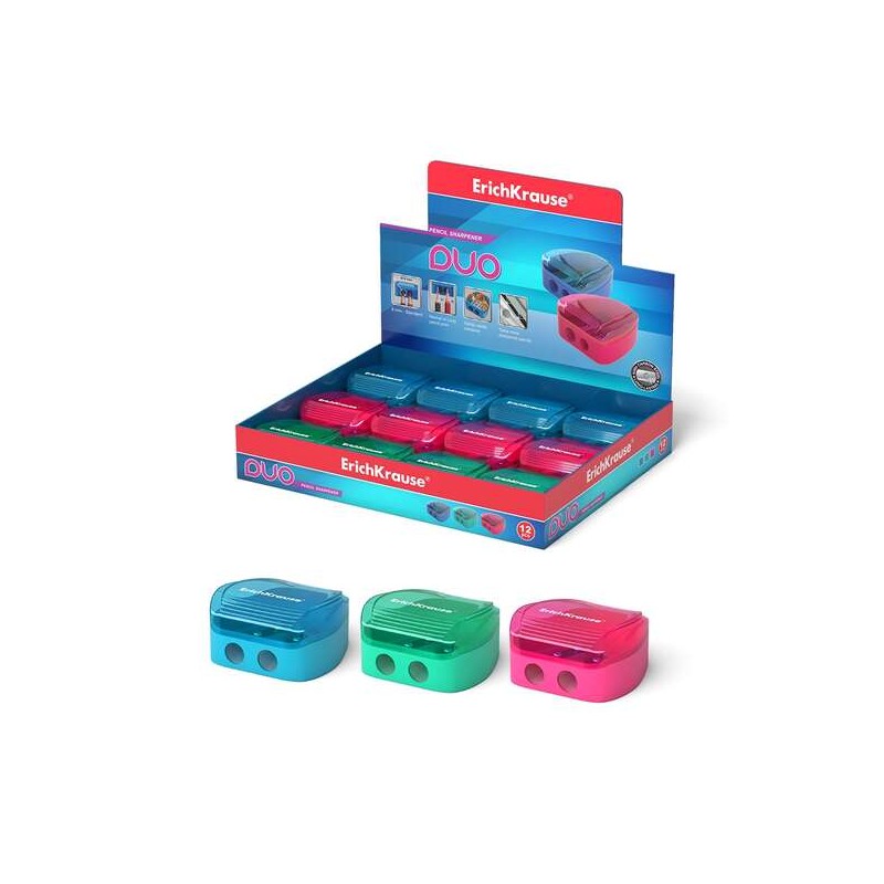 Erichkrause Duo - Temperamatite doppio in plastica - Contenitore per trucioli - Colori neon - Diametro 8 mm - Lama in ac